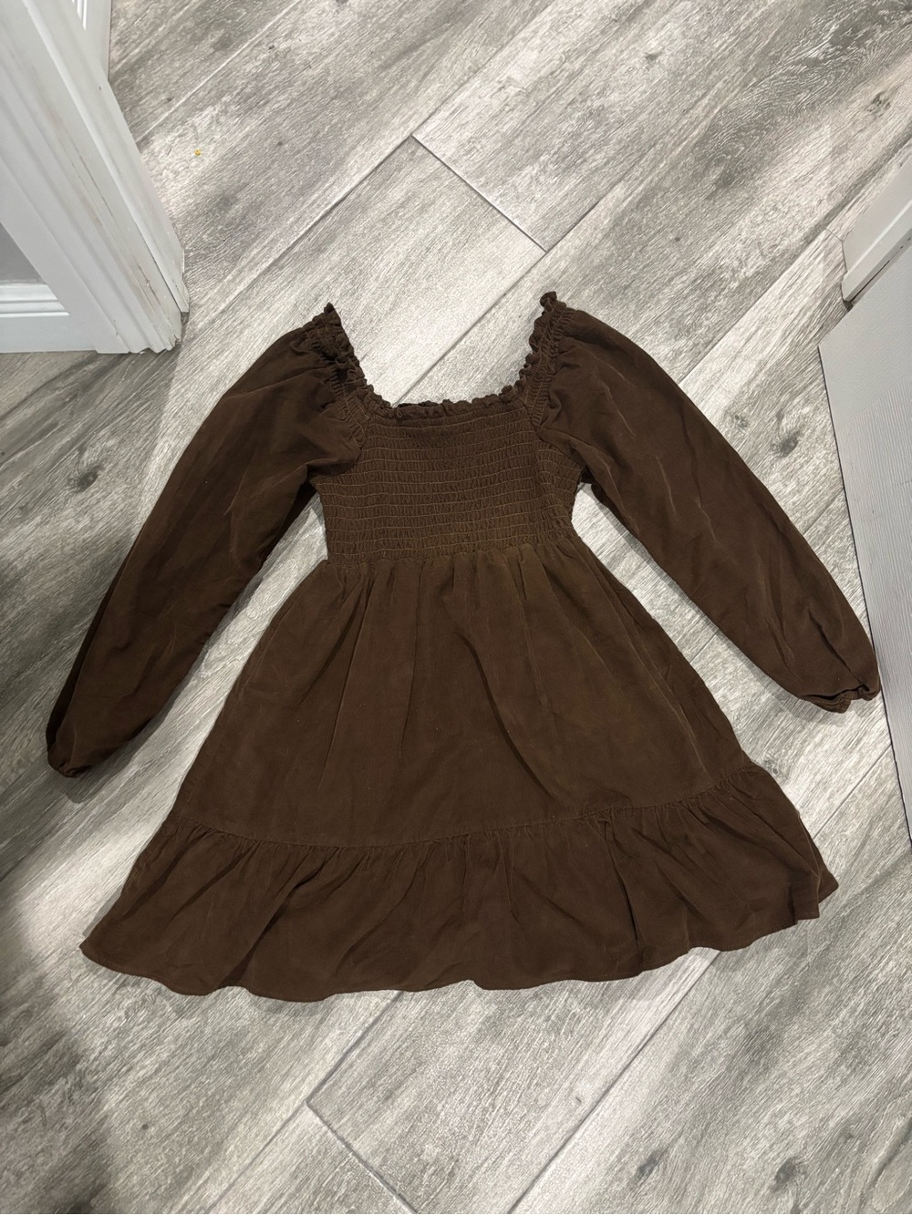 American Eagle Outfitters Brown Smocked Ruffle Mini Dress